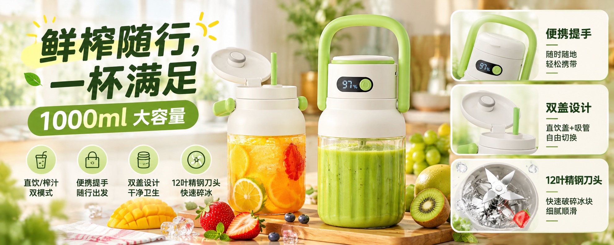 【即将到货】1000ml提手榨汁杯|12叶刀头·双盖便携 1
