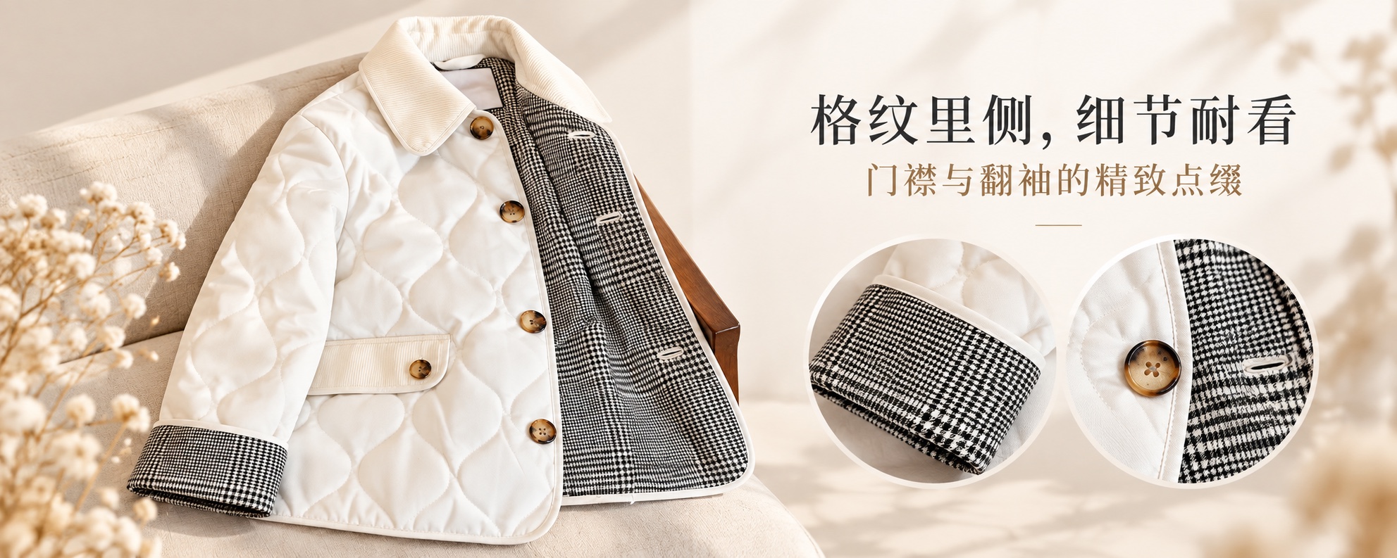 【即将到货】法式翻领菱格绗缝棉服|白色格纹里侧·S–2XL 3