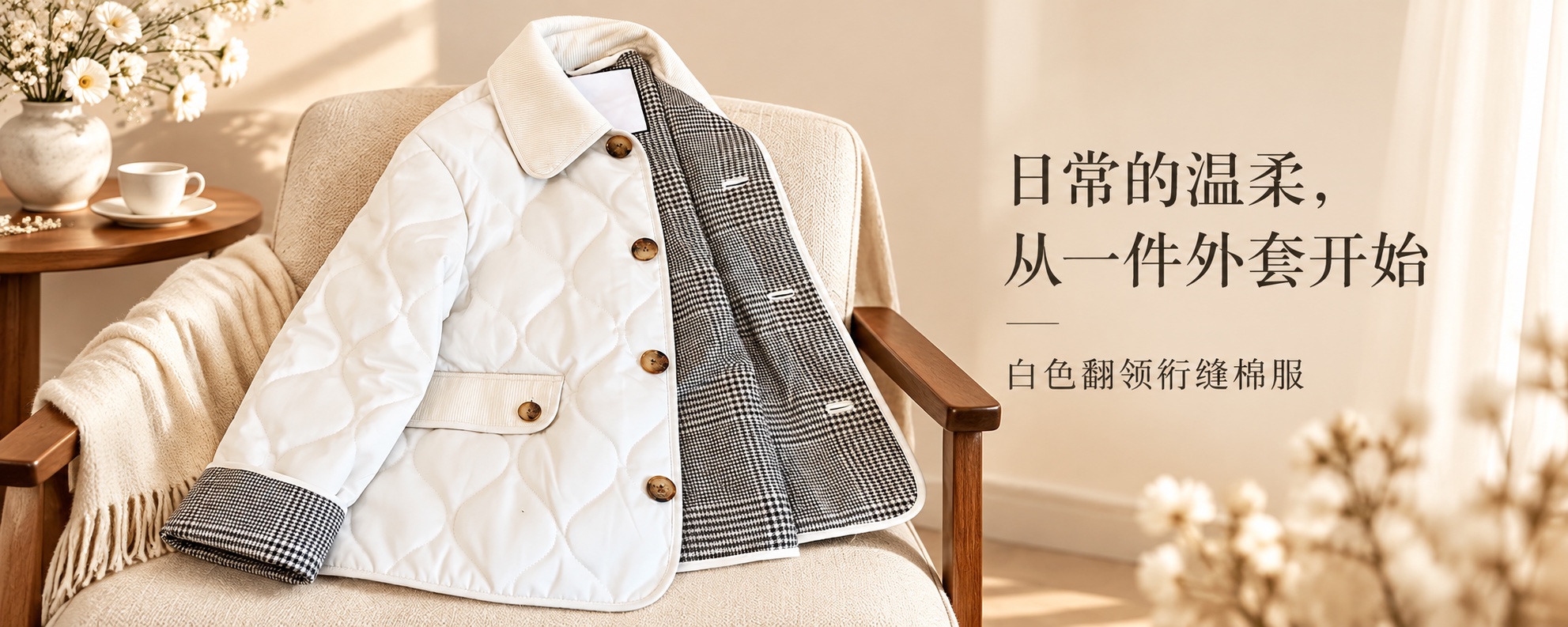 【即将到货】法式翻领菱格绗缝棉服|白色格纹里侧·S–2XL 1