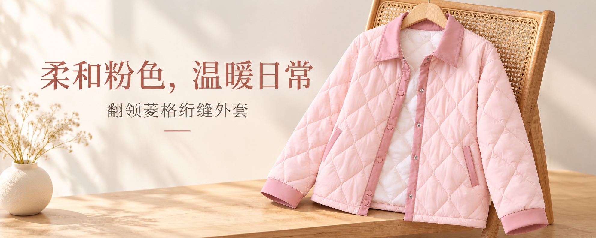 【即将到货】粉色翻领菱格绗缝外套|撞色袖口·M–4XL 1