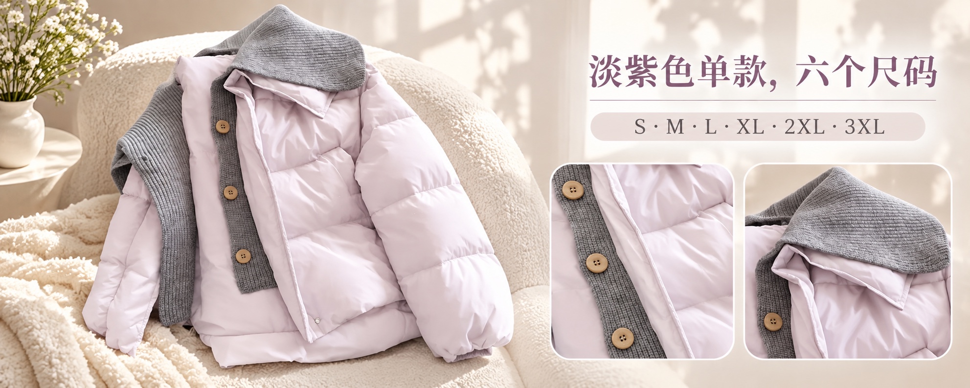 【即将到货】淡紫色假两件翻领棉服|针织拼接·S–3XL 5