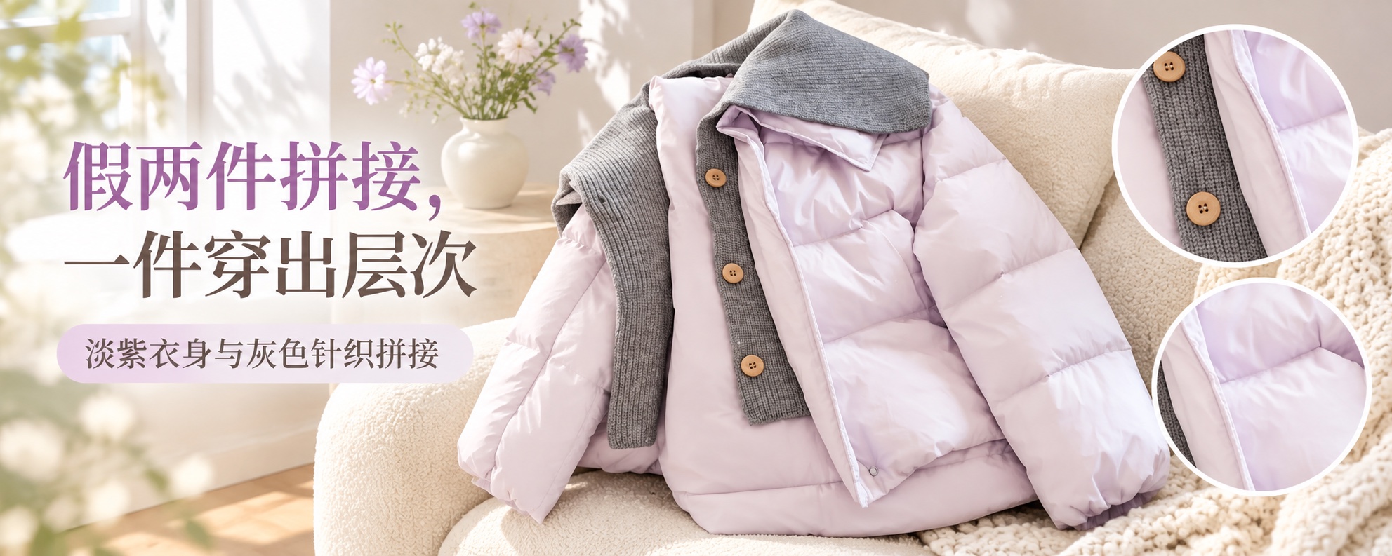 【即将到货】淡紫色假两件翻领棉服|针织拼接·S–3XL 1
