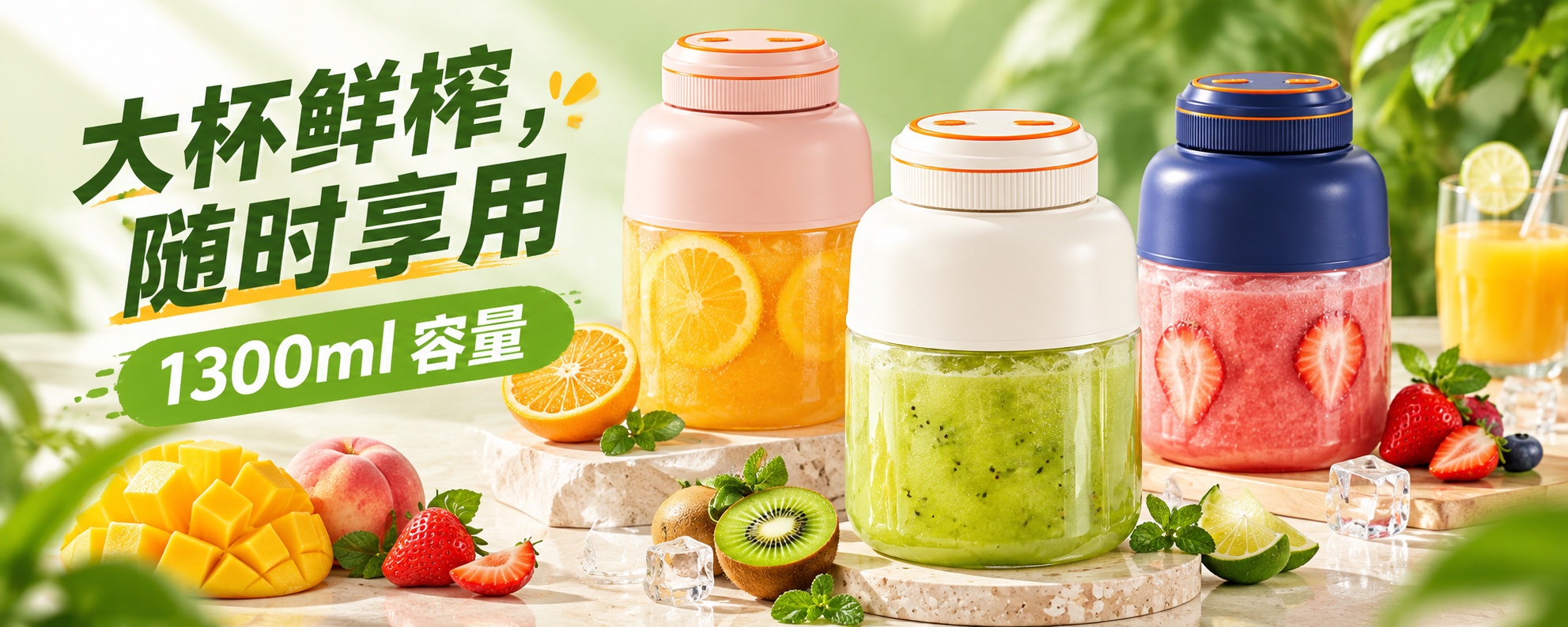【即将到货】1300ml便携榨汁杯|单杯双盖·蓝白粉三色 1