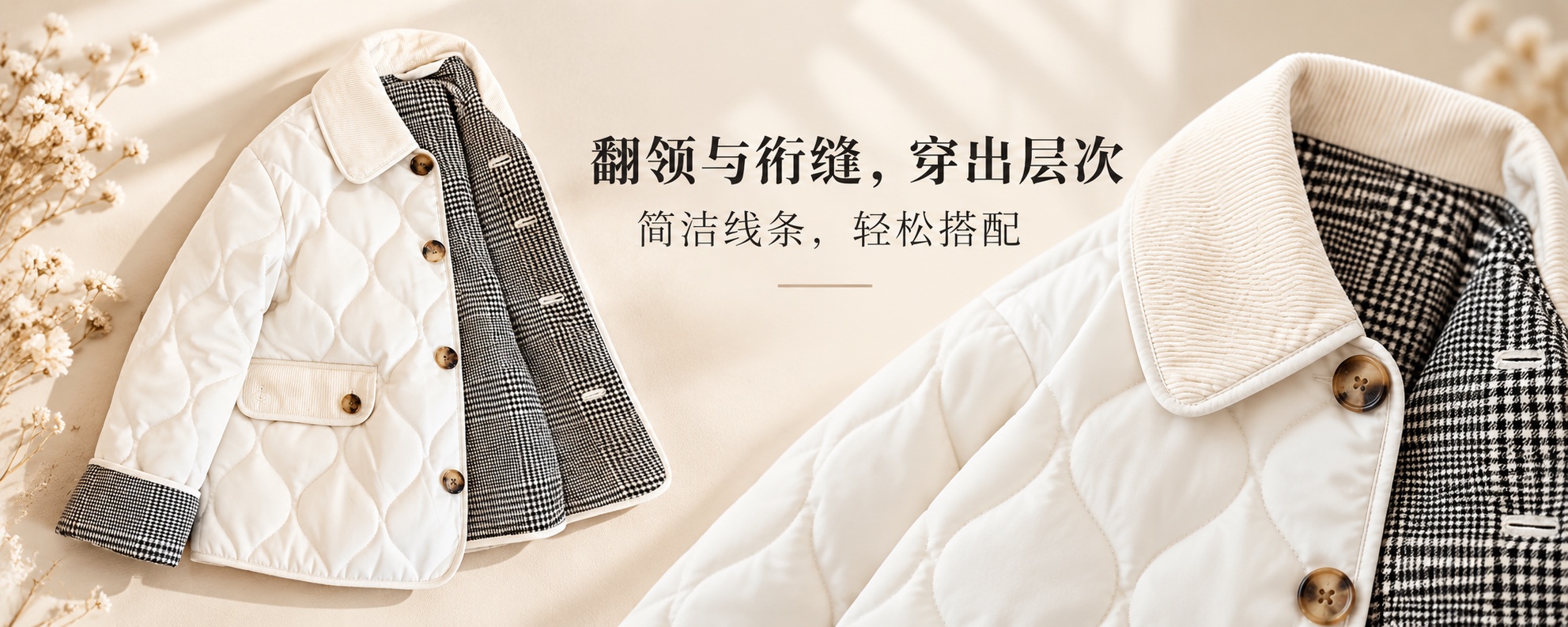 【即将到货】法式翻领菱格绗缝棉服|白色格纹里侧·S–2XL 2