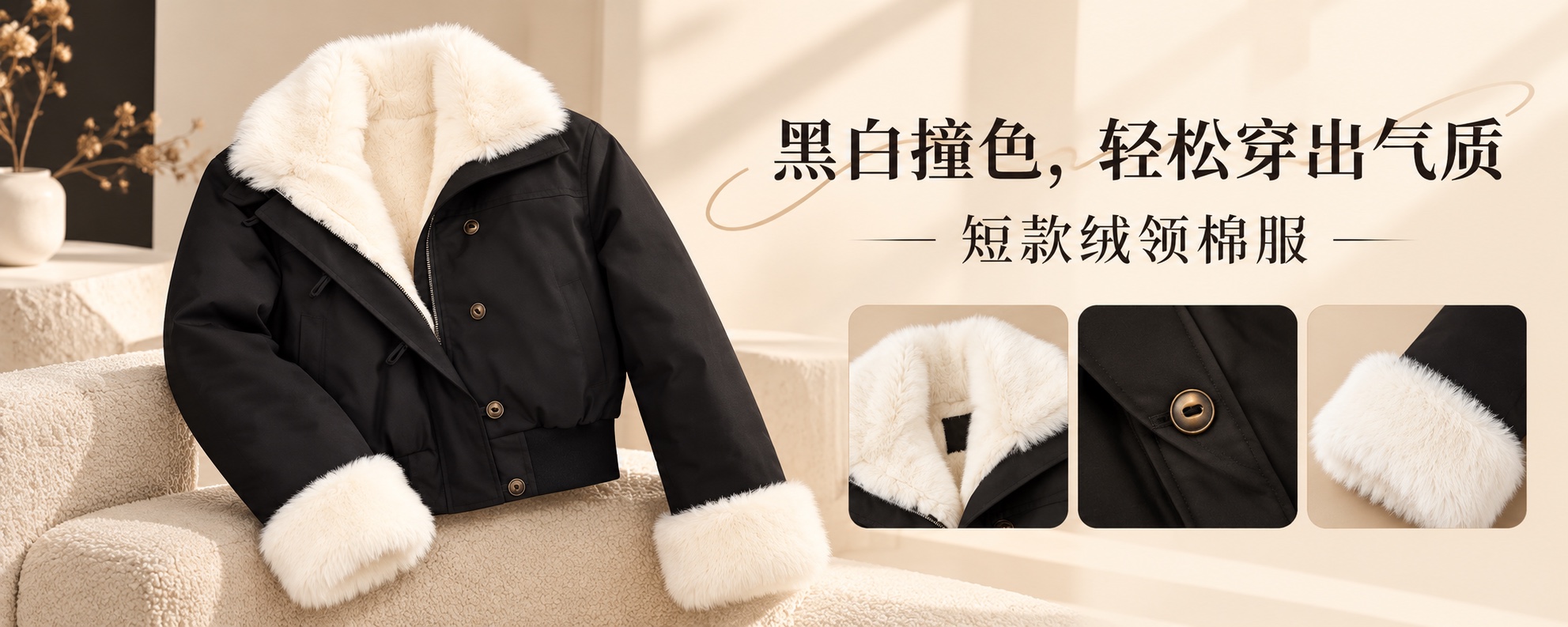 【即将到货】黑色绒领短款棉服|撞色翻领与袖口·S–L 1