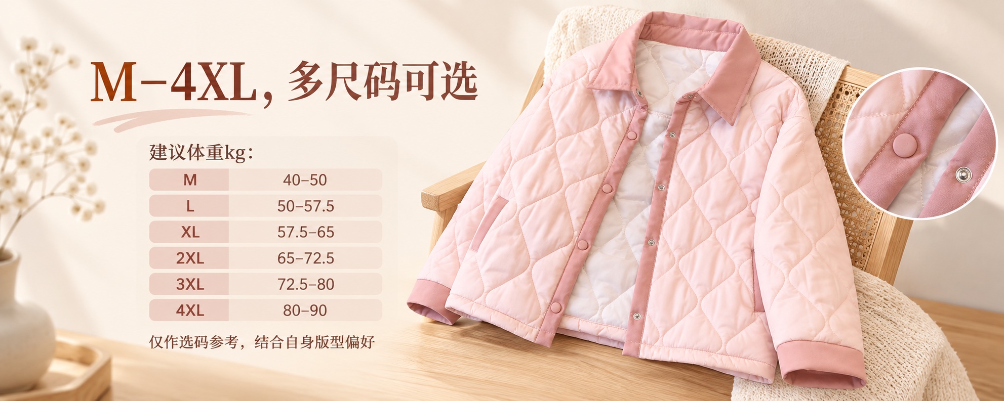 【即将到货】粉色翻领菱格绗缝外套|撞色袖口·M–4XL 5