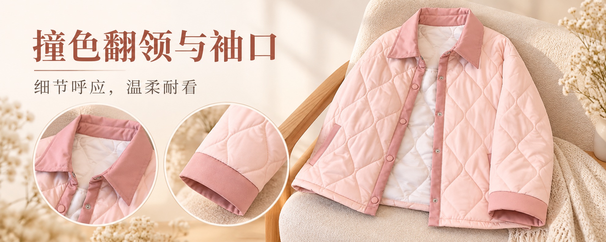 【即将到货】粉色翻领菱格绗缝外套|撞色袖口·M–4XL 3