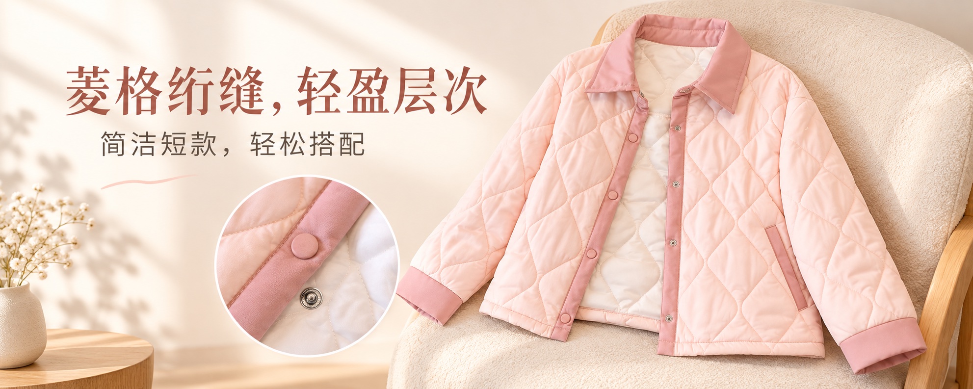 【即将到货】粉色翻领菱格绗缝外套|撞色袖口·M–4XL 2