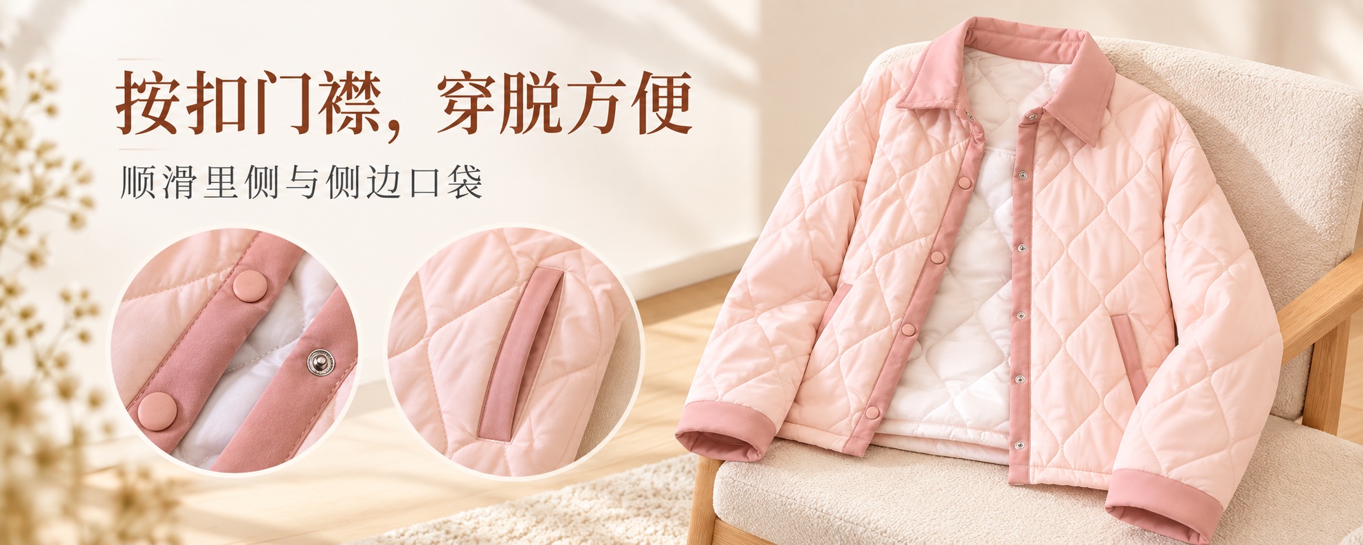 【即将到货】粉色翻领菱格绗缝外套|撞色袖口·M–4XL 4
