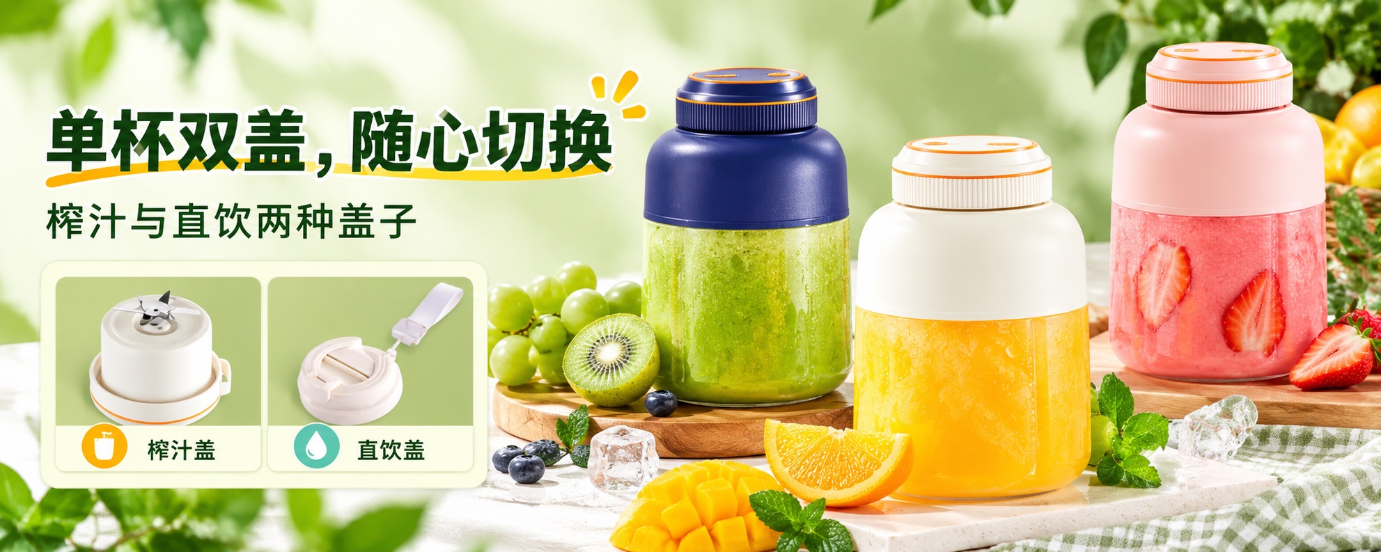 【即将到货】1300ml便携榨汁杯|单杯双盖·蓝白粉三色 2