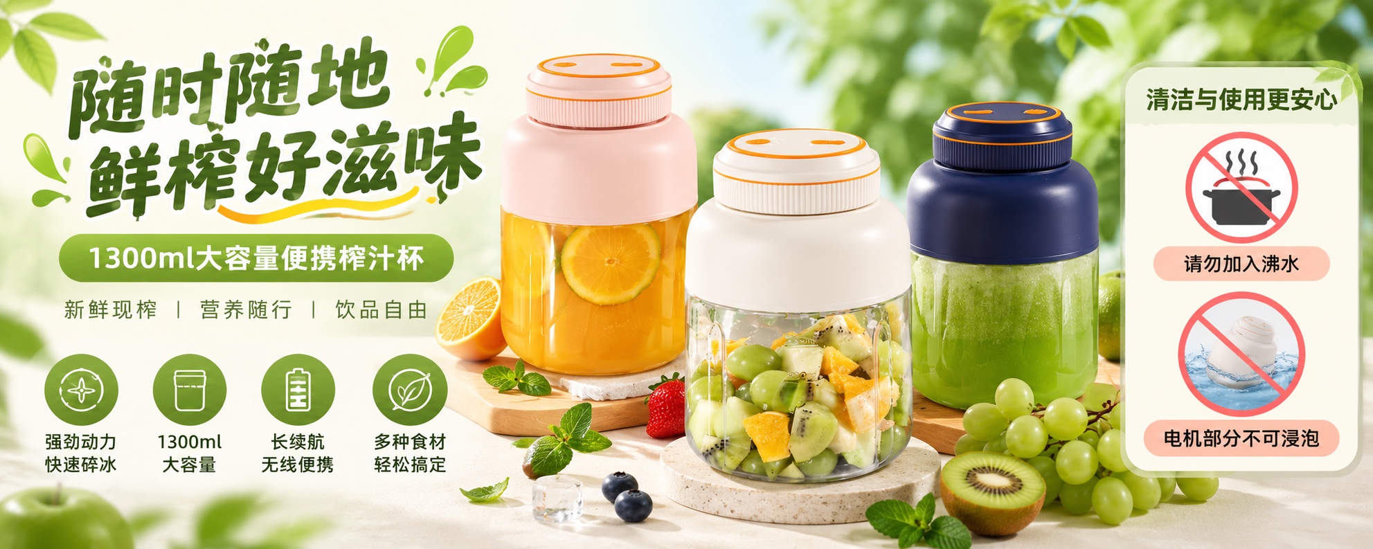 【即将到货】1300ml便携榨汁杯|单杯双盖·蓝白粉三色 5