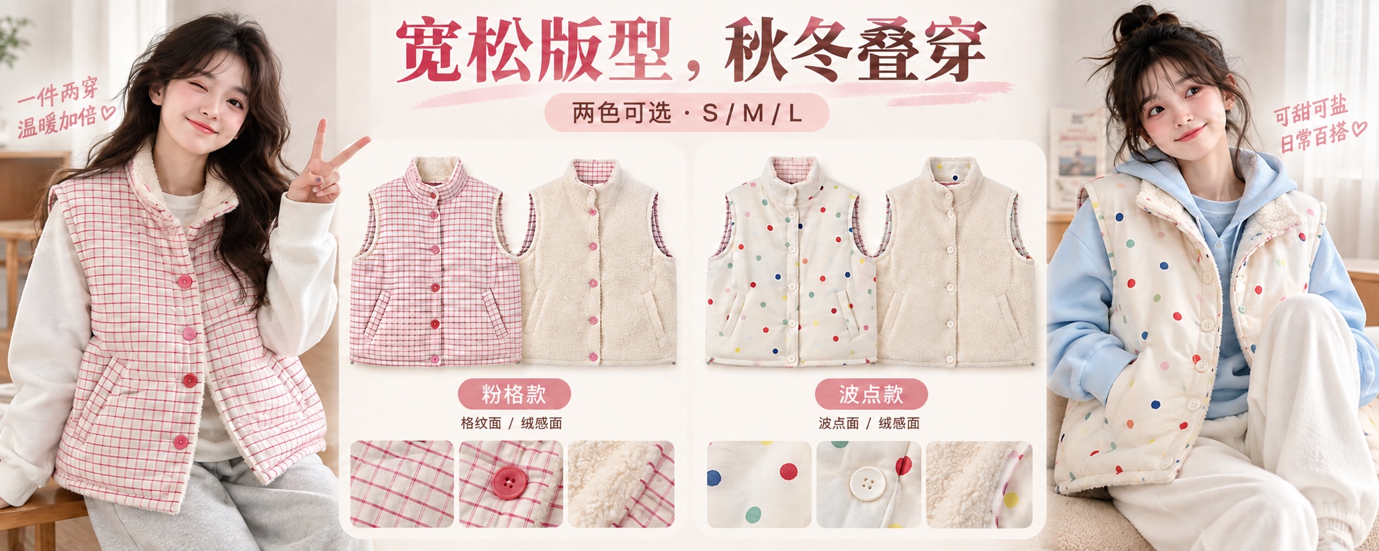 【即将到货】双面穿绒里棉马甲|粉色格纹·米白波点·S–L 5