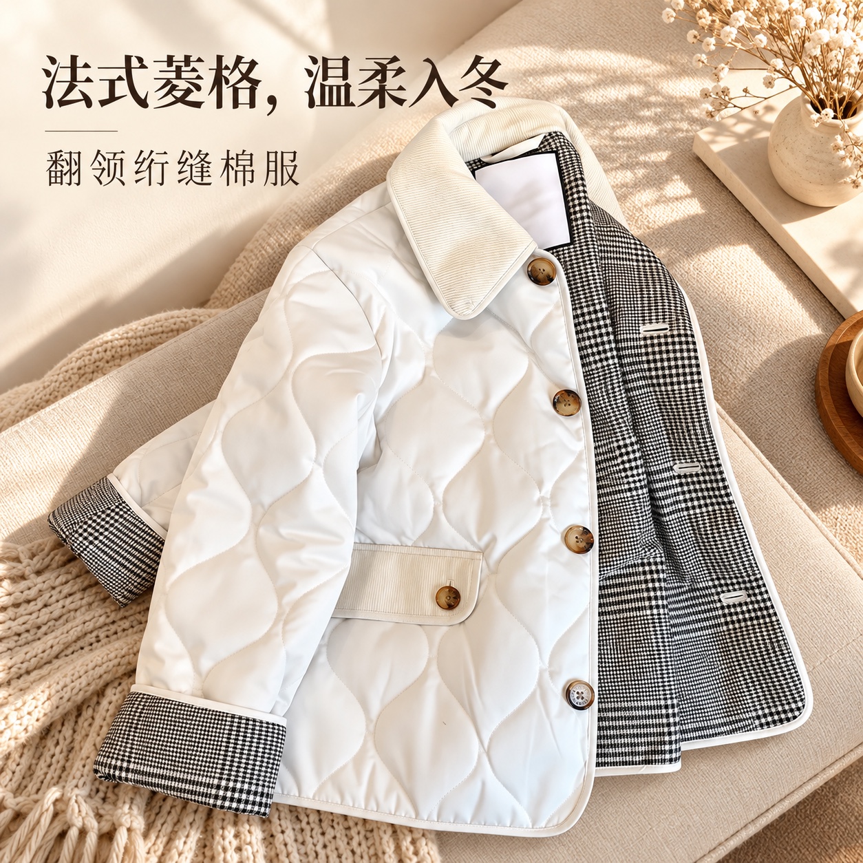 【即将到货】法式翻领菱格绗缝棉服｜白色格纹里侧·S–2XL