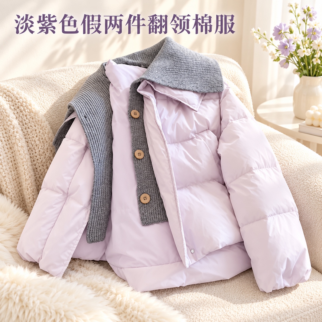 【即将到货】淡紫色假两件翻领棉服｜针织拼接·S–3XL