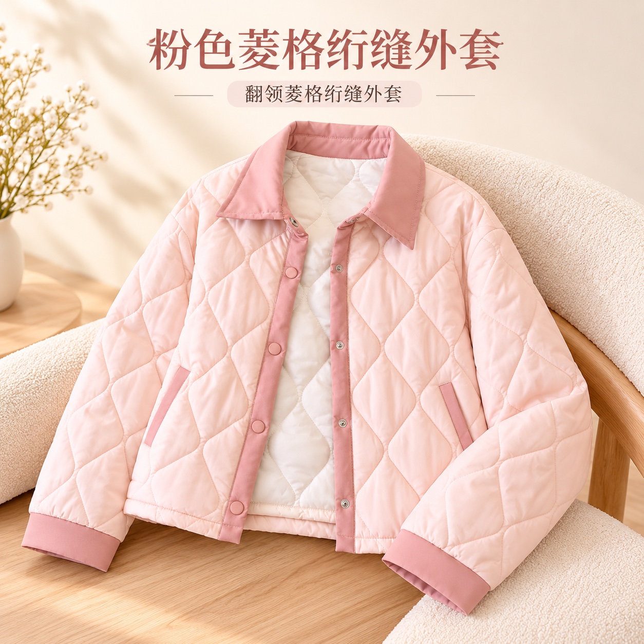 【即将到货】粉色翻领菱格绗缝外套｜撞色袖口·M–4XL