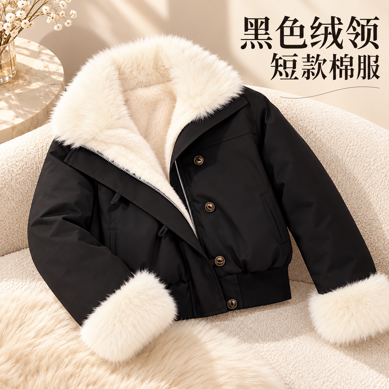 【即将到货】黑色绒领短款棉服｜撞色翻领与袖口·S–L