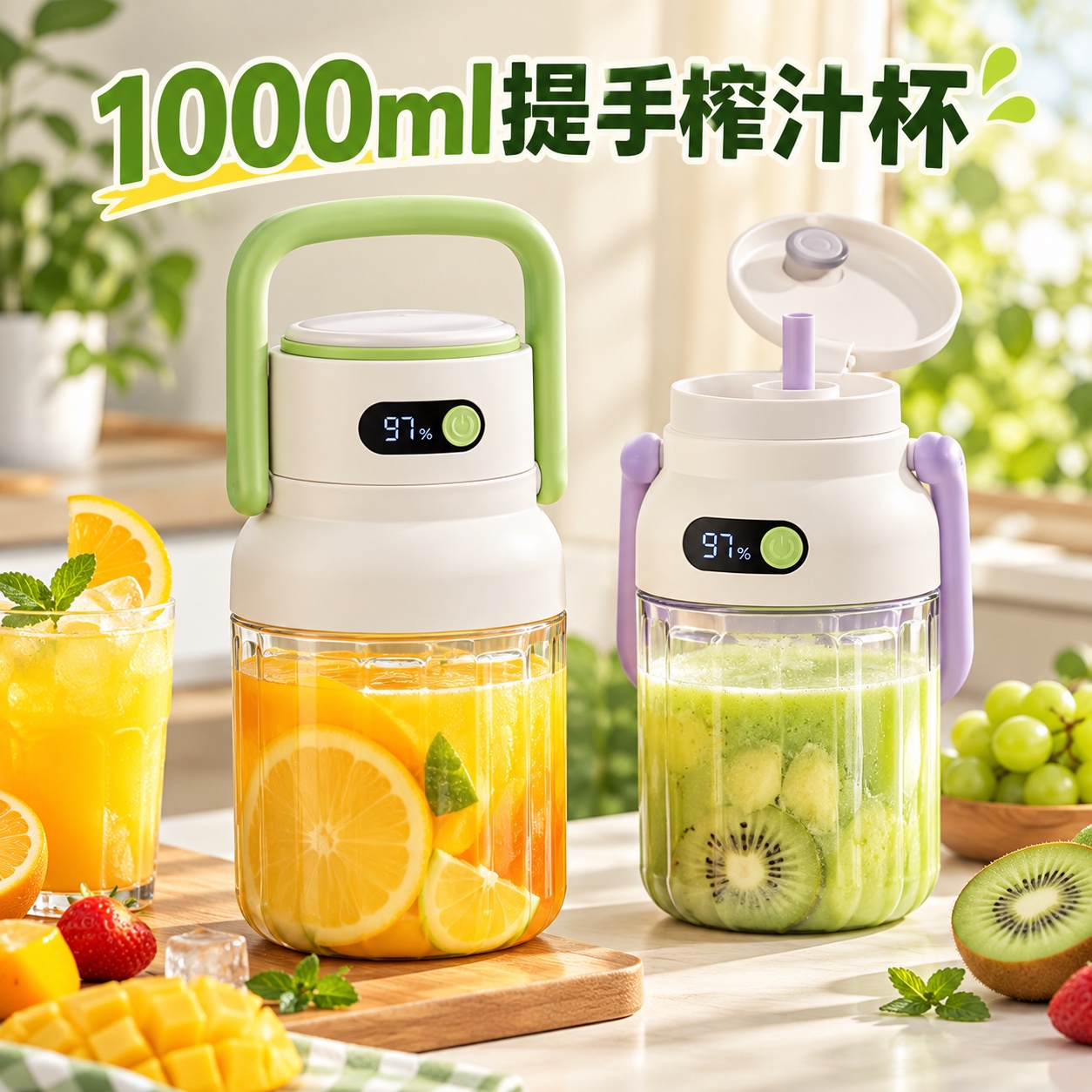 【即将到货】1000ml提手榨汁杯｜12叶刀头·双盖便携