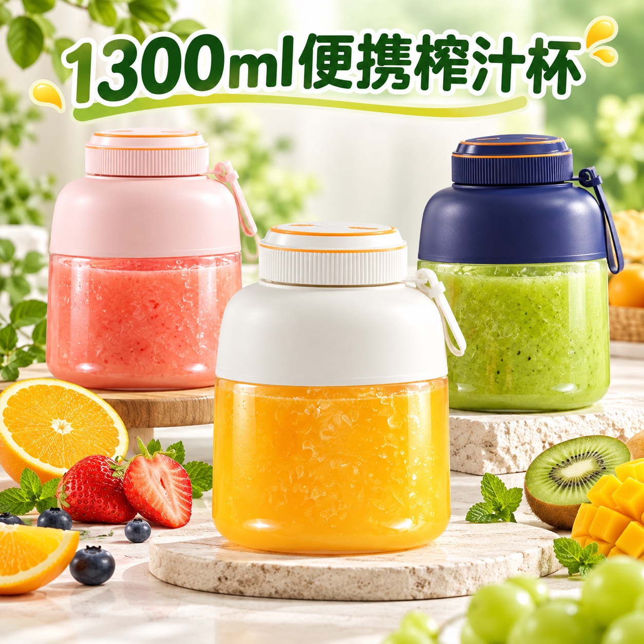 【即将到货】1300ml便携榨汁杯｜单杯双盖·蓝白粉三色