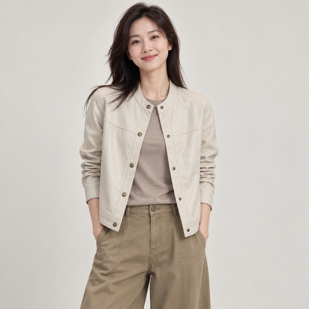 【即将到货】复古小立领皮感短夹克｜按扣开襟·三色·M–3XL
